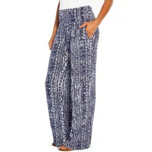 Cali 1850 Los Angeles Women's Casual Linen Boho Pants Blue White Geo Stretch